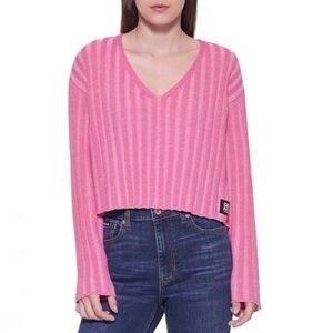 DKNY Jeans Ribbed Pink V-Neck Sweater